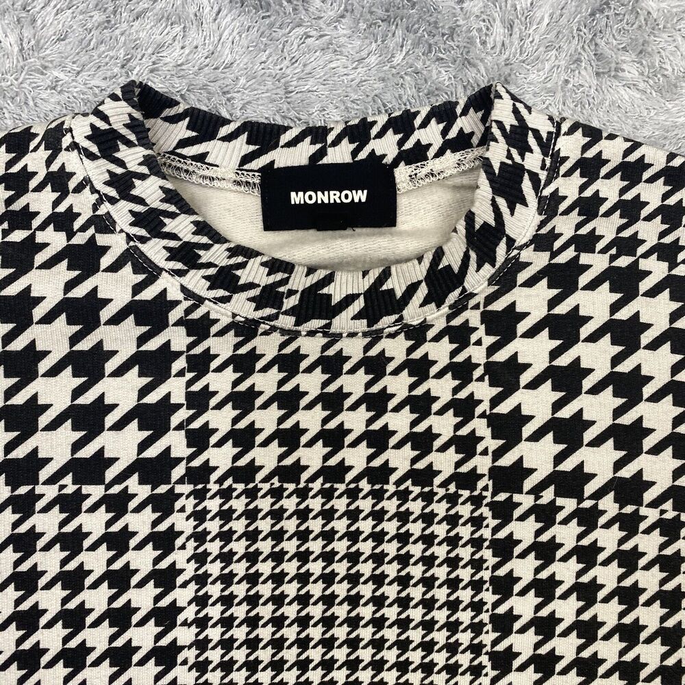 Monrow Shirt Women Small Black Houndstooth Sweatshirt Sweater Puff Sleeve USA - Picture 2 of 14